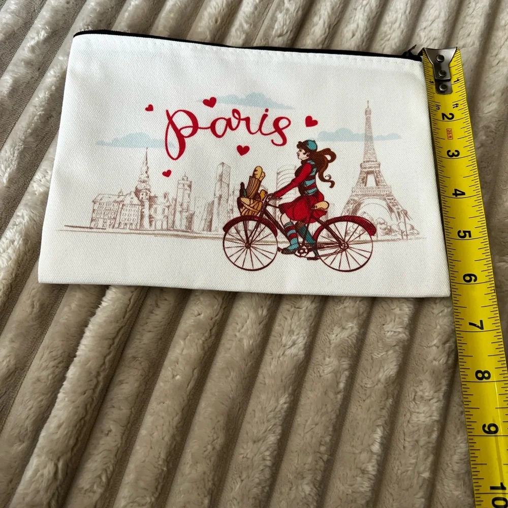 New Paris Bicycle canvas Makeup bag tote Pouch White & Red Eiffel Tower